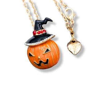 Gold plated red and white crystal Jack o lantern witch necklace/brooch